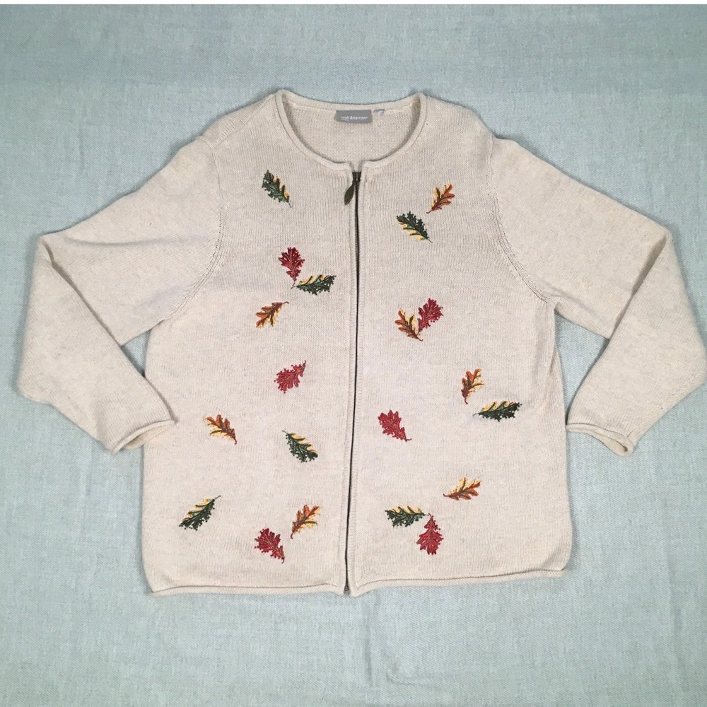 Croft & Barrow Knit Zip Sweater Grannycore‎ Cottagecore Embroidered Beaded Leaf